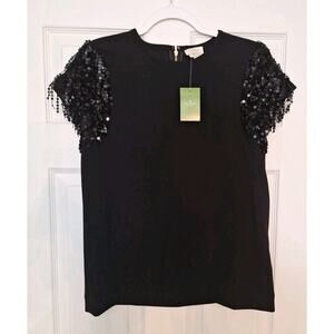 NWT KATE SPADE New York Sequin Crepe Fringe Tee Women's Size 2 Black